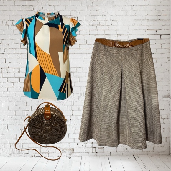 Cottagecore Styled Bundle – Houndstooth Skirt, Ruffled Blouse & Rattan Purse - Picture 1 of 15